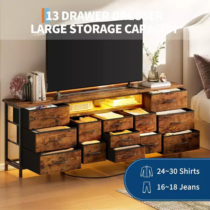 Meuble TV Moderne de 180 cm pour TV 65/75/80 Pouces, Meuble TV Spacieux avec 13 Tiroirs en Tissu et Étagères Ouvertes, Console Média en Bois pour Salon