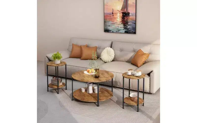3-Piece Coffee Table and End Table Set, Round Living Room Table Set with Storage, Rustic Brown