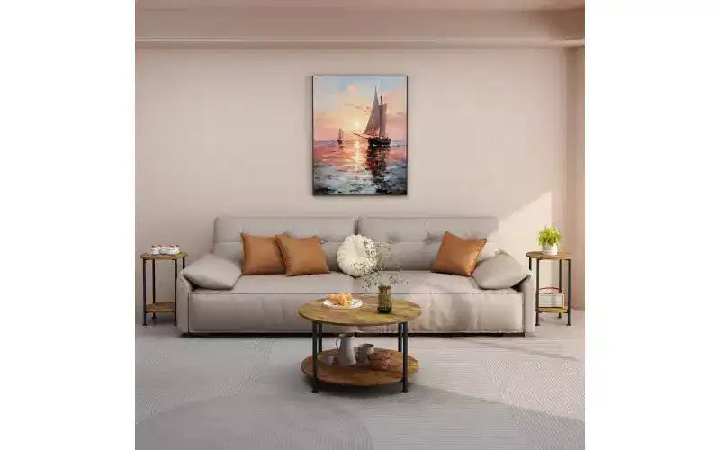 Ensemble de 3 tables basses et tables d'appoint, tables de salon rondes avec rangement, marron rustique