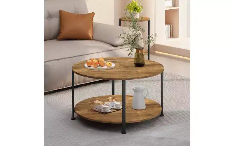 Ensemble de 3 tables basses et tables d'appoint, tables de salon rondes avec rangement, marron rustique