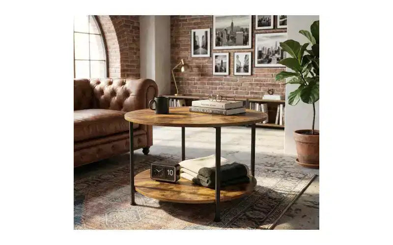 Ensemble de 3 tables basses et tables d'appoint, tables de salon rondes avec rangement, marron rustique