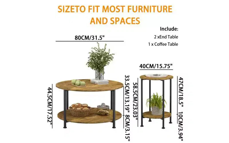 Ensemble de 3 tables basses et tables d'appoint, tables de salon rondes avec rangement, marron rustique