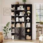 Étagère à 6 niveaux avec armoire de rangement, bibliothèque en bois de ferme de 190,5 cm de hauteur, organisateur d'étagères autoportant pour bureau à domicile et salon