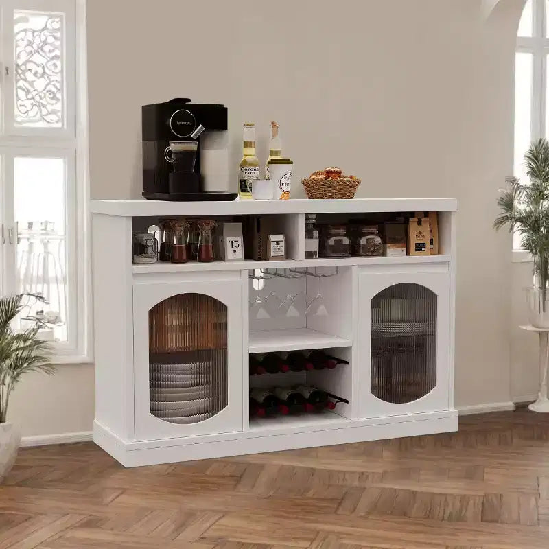 Buffet Cabinet with 2 Fluted Glass Doors & Wine Rack  Adjustable Shelves, Open Compartments, Modern Coffee Bar Cabinet for Kitchen, Living Room