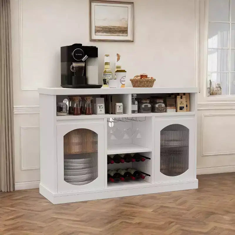 Bahut avec 2 Portes en Verre Cannelé et Casier à Vin, Étagères Réglables, Compartiments Ouverts, Meuble Bar à Café Moderne pour Cuisine, Salon