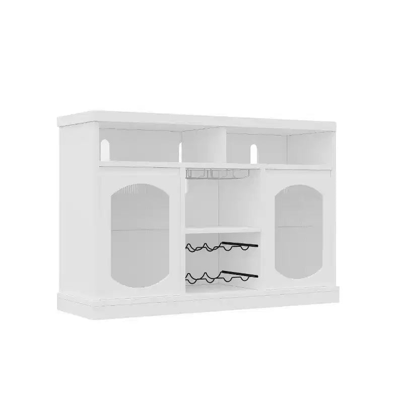 Bahut avec 2 Portes en Verre Cannelé et Casier à Vin, Étagères Réglables, Compartiments Ouverts, Meuble Bar à Café Moderne pour Cuisine, Salon