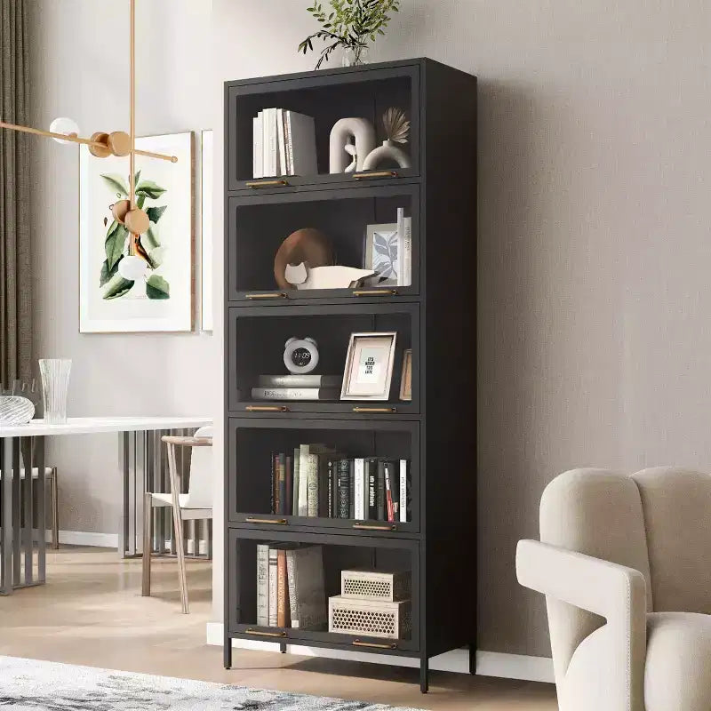 76 Vitrine avec portes en verre, étagère métallique à 5 niveaux pour objets de collection, vitrine moderne pour salon ou bureau-Panipeachy