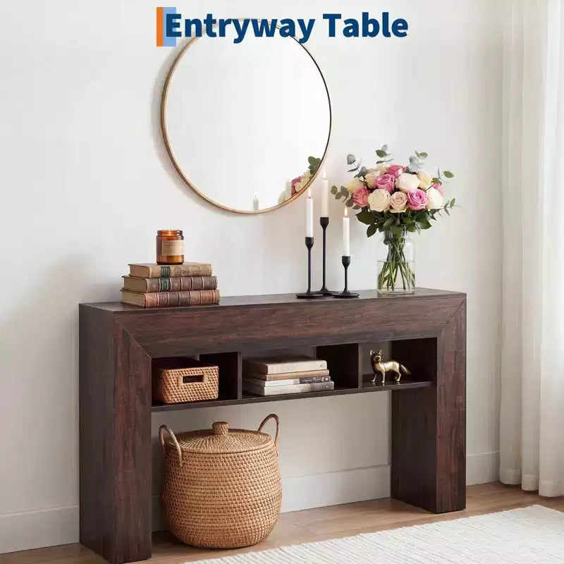 Table console extra longue de 160 cm, Table de canapé en bois derrière le canapé avec base épaissie et 3 étagères ouvertes, Table d'appoint étroite pour entrée