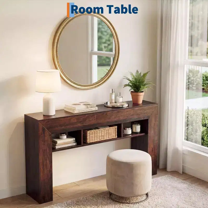 Table console extra longue de 160 cm, Table de canapé en bois derrière le canapé avec base épaissie et 3 étagères ouvertes, Table d'appoint étroite pour entrée