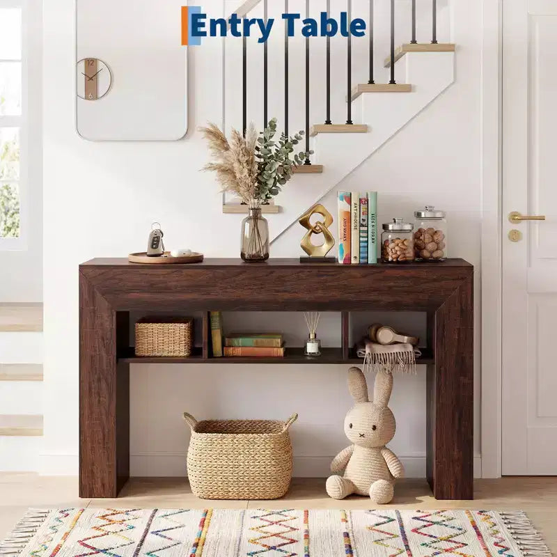 Table console extra longue de 160 cm, Table de canapé en bois derrière le canapé avec base épaissie et 3 étagères ouvertes, Table d'appoint étroite pour entrée