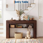 Table console extra longue de 160 cm, Table de canapé en bois derrière le canapé avec base épaissie et 3 étagères ouvertes, Table d'appoint étroite pour entrée