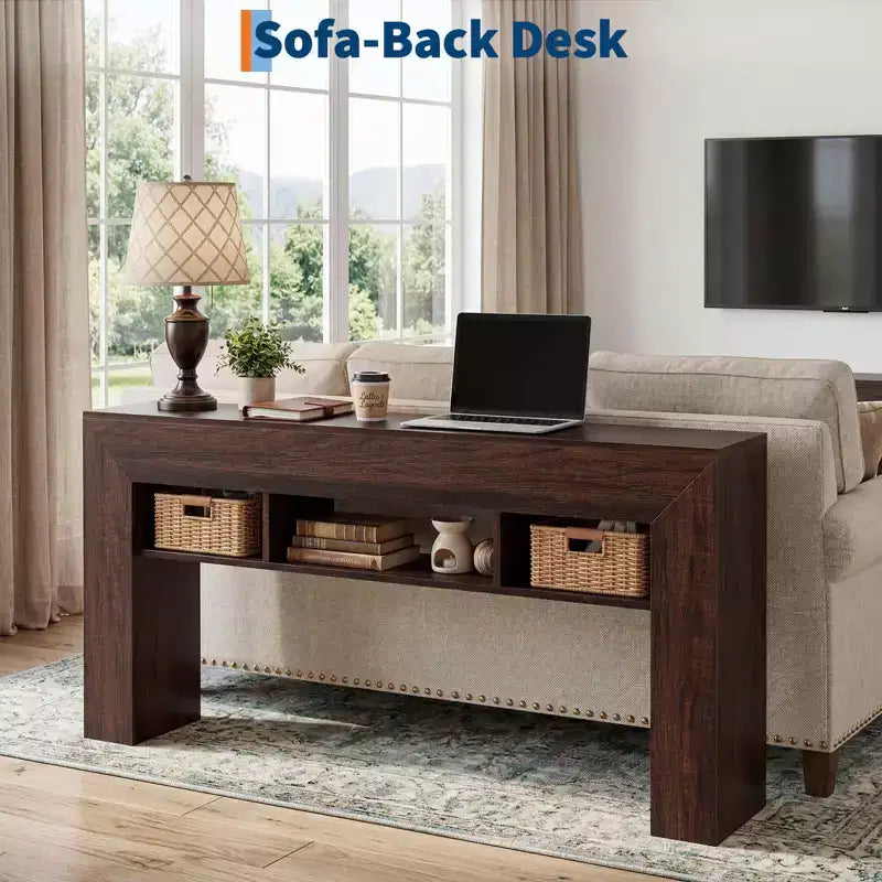 Table console extra longue de 160 cm, Table de canapé en bois derrière le canapé avec base épaissie et 3 étagères ouvertes, Table d'appoint étroite pour entrée
