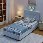 Lit rembourré double/grand/Queen avec tête de lit oreilles de lapin, éclairage LED et 4 tiroirs pour enfants/adultes - ModernLuxe