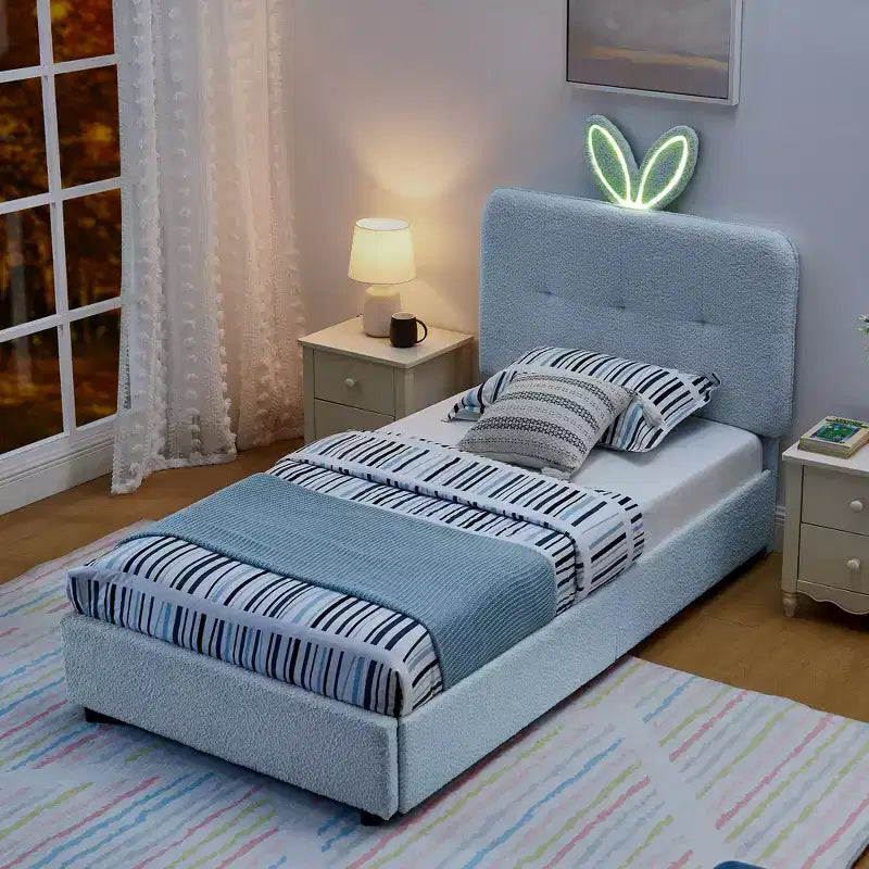 Lit rembourré double/grand/Queen avec tête de lit oreilles de lapin, éclairage LED et 4 tiroirs pour enfants/adultes - ModernLuxe