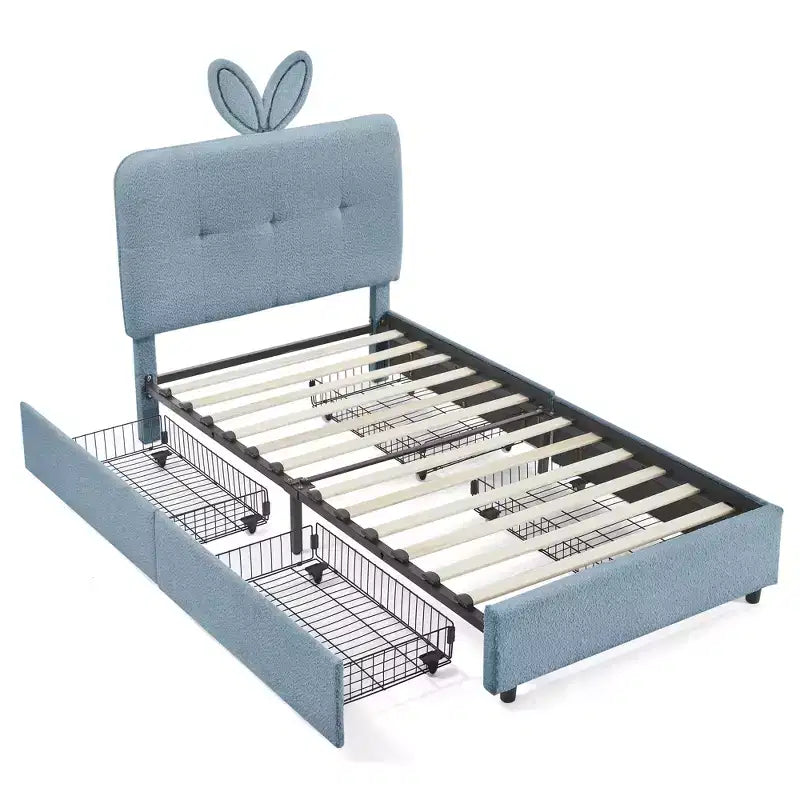 Lit rembourré double/grand/Queen avec tête de lit oreilles de lapin, éclairage LED et 4 tiroirs pour enfants/adultes - ModernLuxe