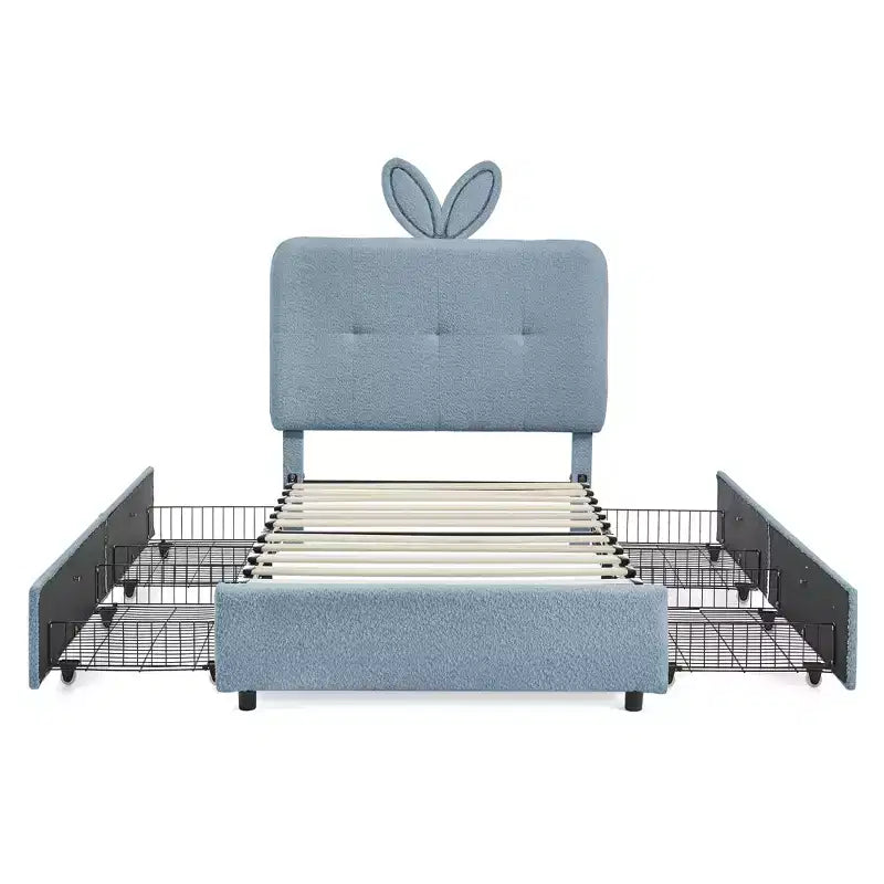 Lit rembourré double/grand/Queen avec tête de lit oreilles de lapin, éclairage LED et 4 tiroirs pour enfants/adultes - ModernLuxe