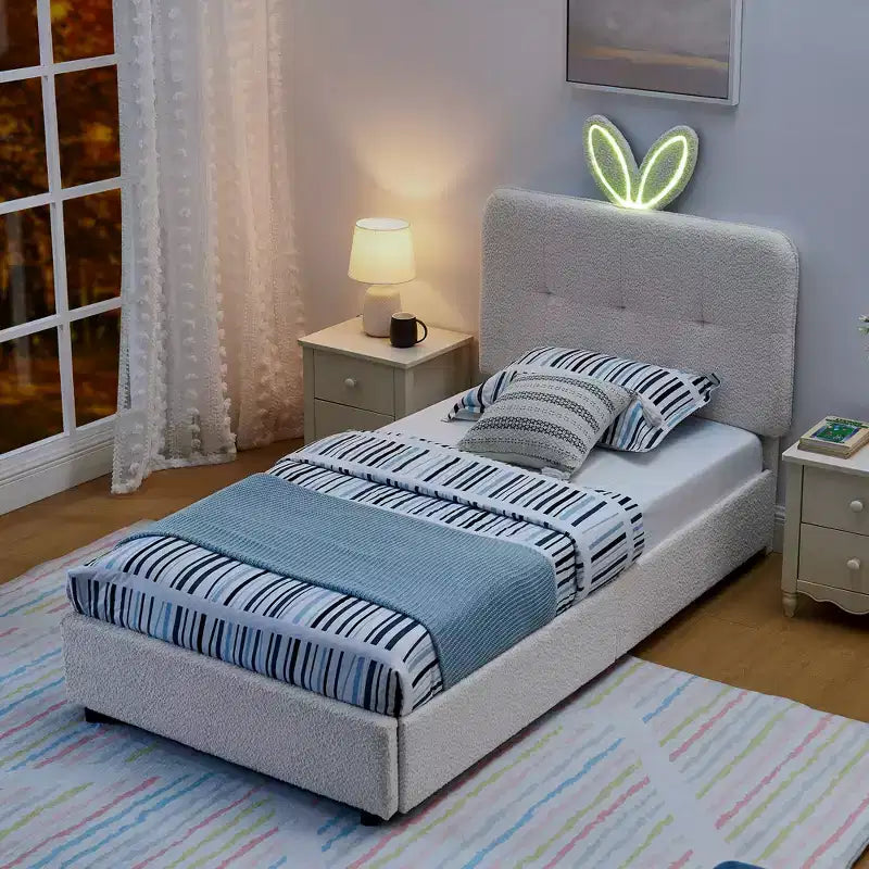 Lit rembourré double/grand/Queen avec tête de lit oreilles de lapin, éclairage LED et 4 tiroirs pour enfants/adultes - ModernLuxe