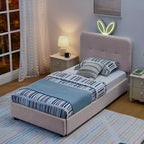 Lit rembourré double/grand/Queen avec tête de lit oreilles de lapin, éclairage LED et 4 tiroirs pour enfants/adultes - ModernLuxe