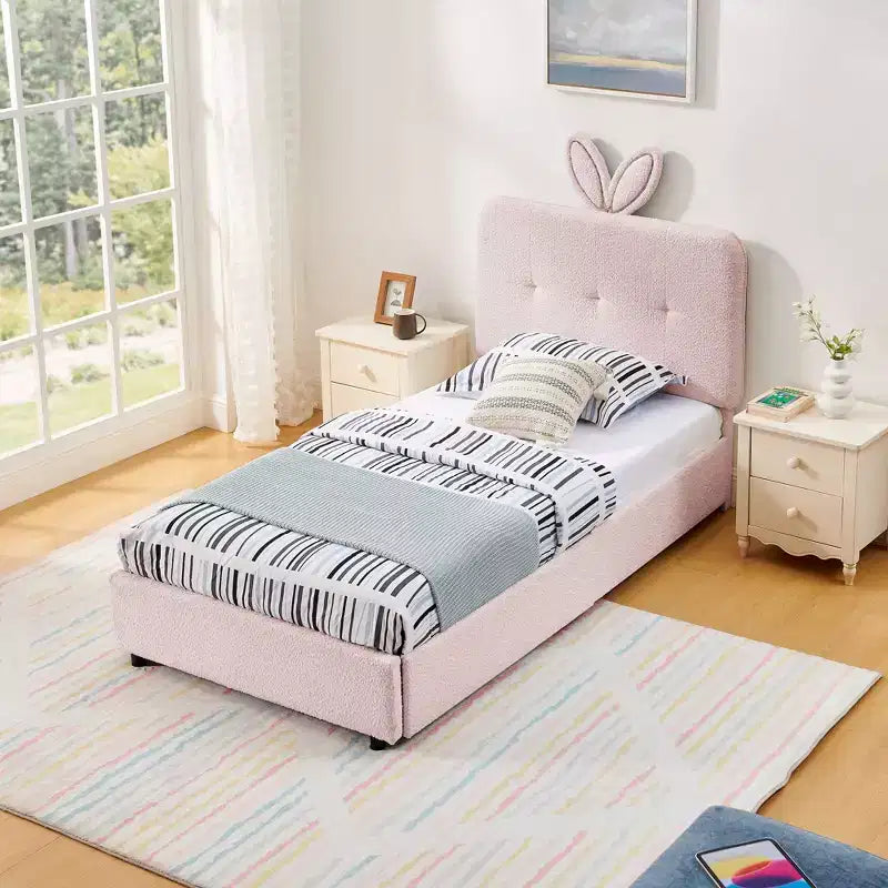 Lit rembourré double/grand/Queen avec tête de lit oreilles de lapin, éclairage LED et 4 tiroirs pour enfants/adultes - ModernLuxe