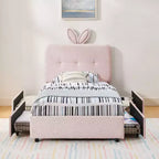 Lit rembourré double/grand/Queen avec tête de lit oreilles de lapin, éclairage LED et 4 tiroirs pour enfants/adultes - ModernLuxe