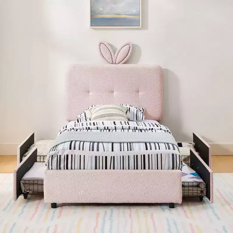 Lit rembourré double/grand/Queen avec tête de lit oreilles de lapin, éclairage LED et 4 tiroirs pour enfants/adultes - ModernLuxe