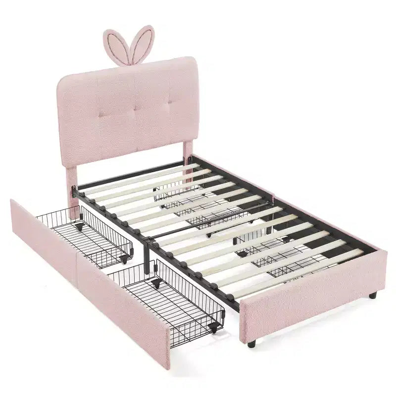 Lit rembourré double/grand/Queen avec tête de lit oreilles de lapin, éclairage LED et 4 tiroirs pour enfants/adultes - ModernLuxe