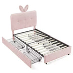 Lit rembourré double/grand/Queen avec tête de lit oreilles de lapin, éclairage LED et 4 tiroirs pour enfants/adultes - ModernLuxe
