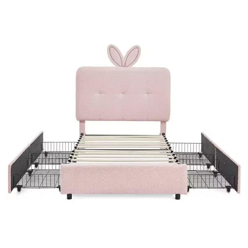 Lit rembourré double/grand/Queen avec tête de lit oreilles de lapin, éclairage LED et 4 tiroirs pour enfants/adultes - ModernLuxe