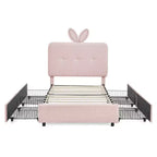 Lit rembourré double/grand/Queen avec tête de lit oreilles de lapin, éclairage LED et 4 tiroirs pour enfants/adultes - ModernLuxe