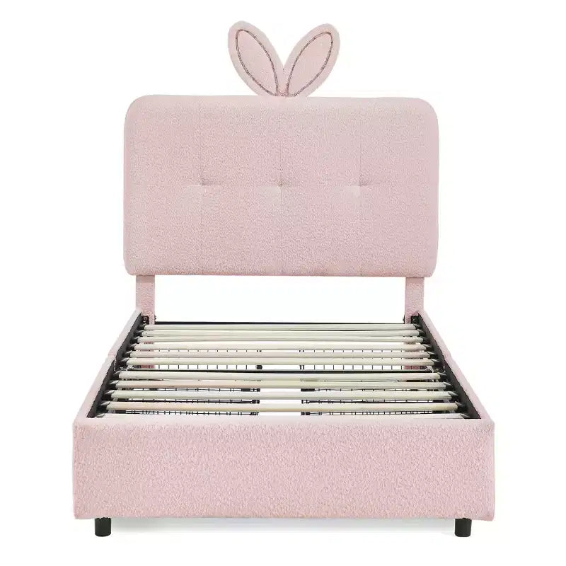 Lit rembourré double/grand/Queen avec tête de lit oreilles de lapin, éclairage LED et 4 tiroirs pour enfants/adultes - ModernLuxe