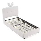 Lit rembourré double/grand/Queen avec tête de lit oreilles de lapin, éclairage LED et 4 tiroirs pour enfants/adultes - ModernLuxe