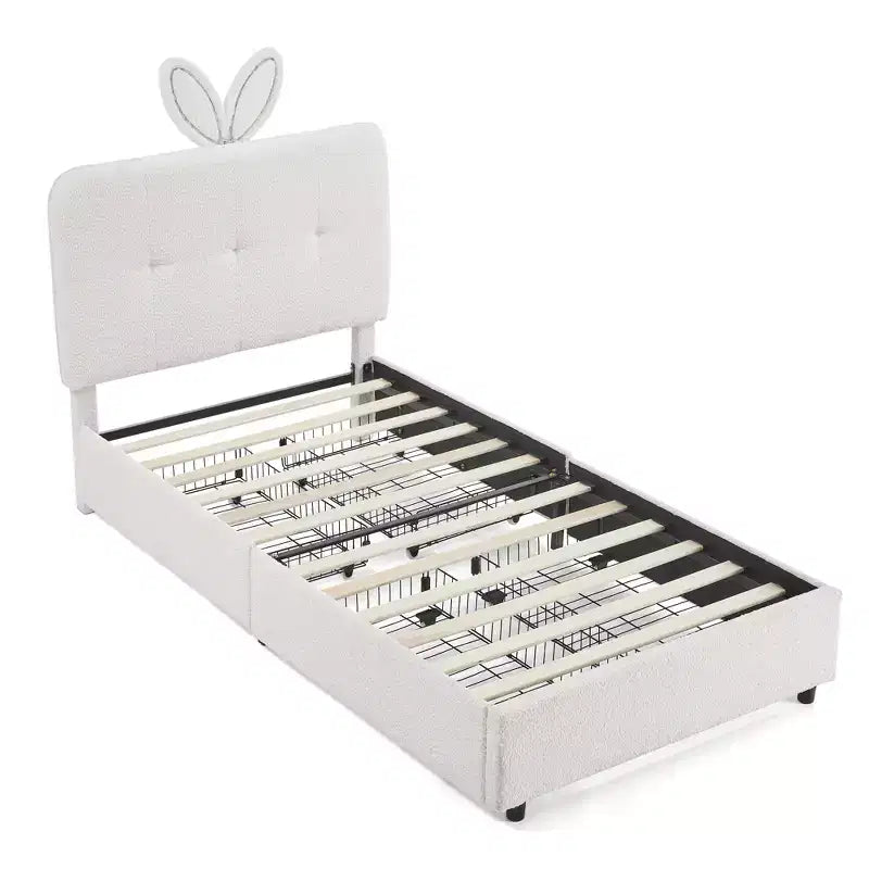 Lit rembourré double/grand/Queen avec tête de lit oreilles de lapin, éclairage LED et 4 tiroirs pour enfants/adultes - ModernLuxe