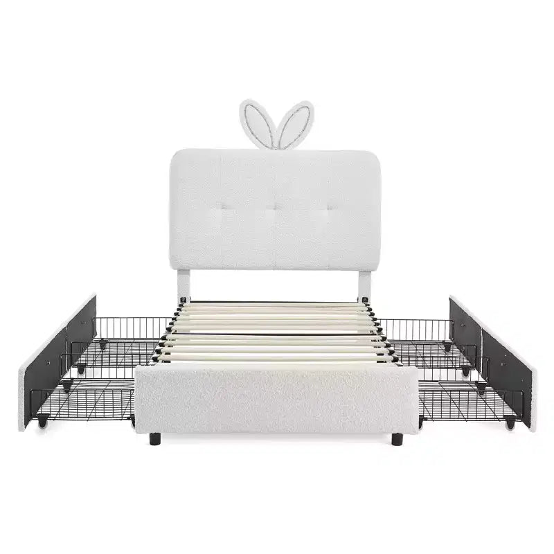 Lit rembourré double/grand/Queen avec tête de lit oreilles de lapin, éclairage LED et 4 tiroirs pour enfants/adultes - ModernLuxe