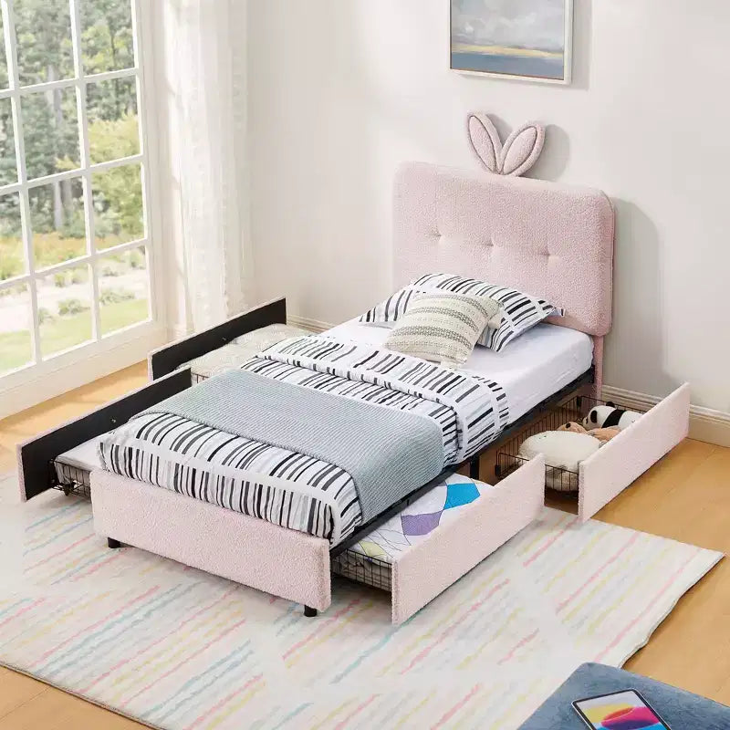 Lit rembourré double/grand/Queen avec tête de lit oreilles de lapin, éclairage LED et 4 tiroirs pour enfants/adultes - ModernLuxe