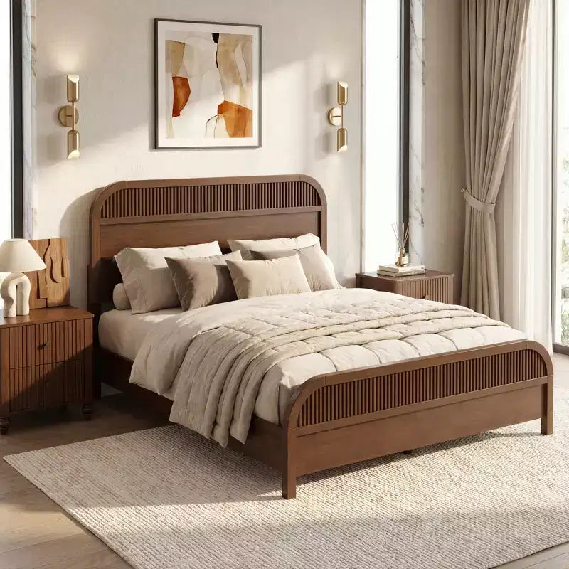 Lit Plateforme King/Queen ModernLuxe avec Tête de Lit à Lattes Verticales, Cadre de Lit en Bois Massif, Aucun Sommier Tapissier Requis