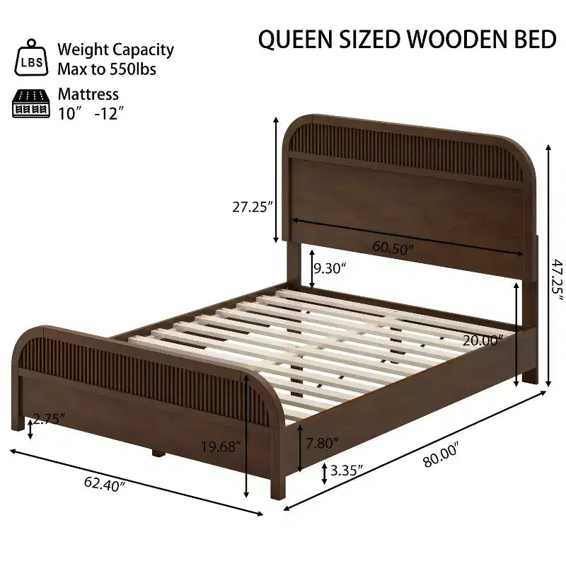Lit Plateforme King/Queen ModernLuxe avec Tête de Lit à Lattes Verticales, Cadre de Lit en Bois Massif, Aucun Sommier Tapissier Requis