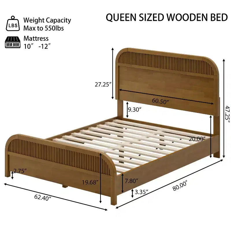 Lit Plateforme King/Queen ModernLuxe avec Tête de Lit à Lattes Verticales, Cadre de Lit en Bois Massif, Aucun Sommier Tapissier Requis