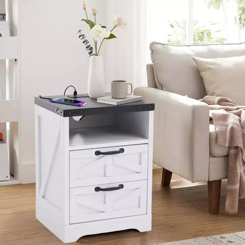 2 Pack Farmhouse bedside table Set with Charging Station 2 Drawers, USB, Type-C & AC Outlets, End Table with Storage for Bedroom or Living Room