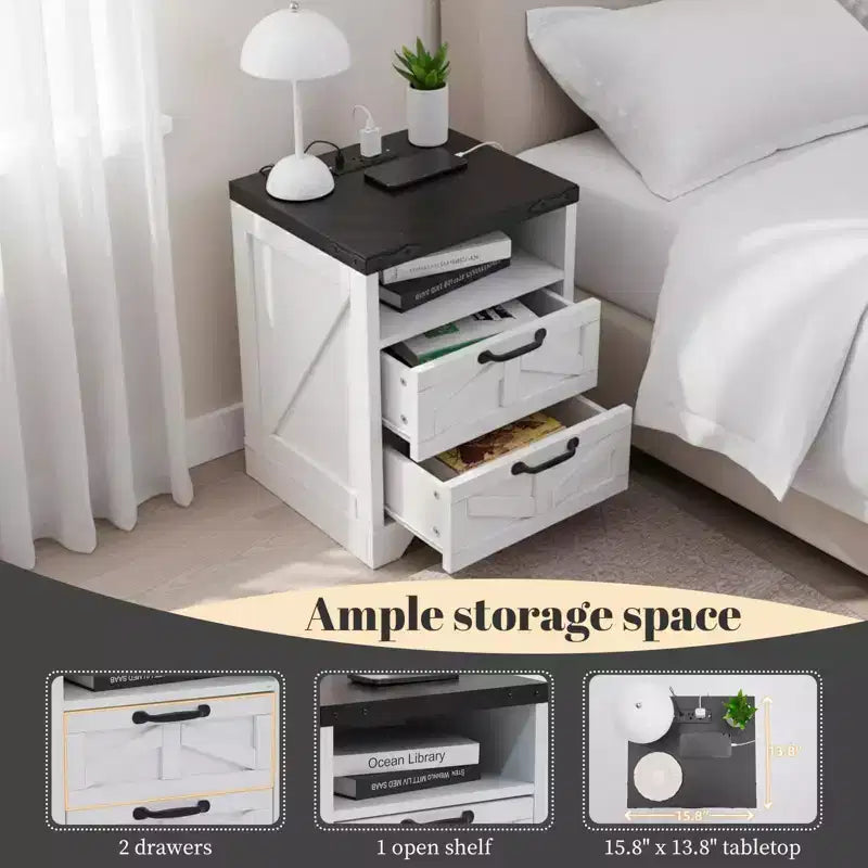 Lot de 2 tables de chevet de ferme avec station de recharge 2 tiroirs, USB, Type-C et prises CA, table d'appoint avec rangement pour chambre ou salon