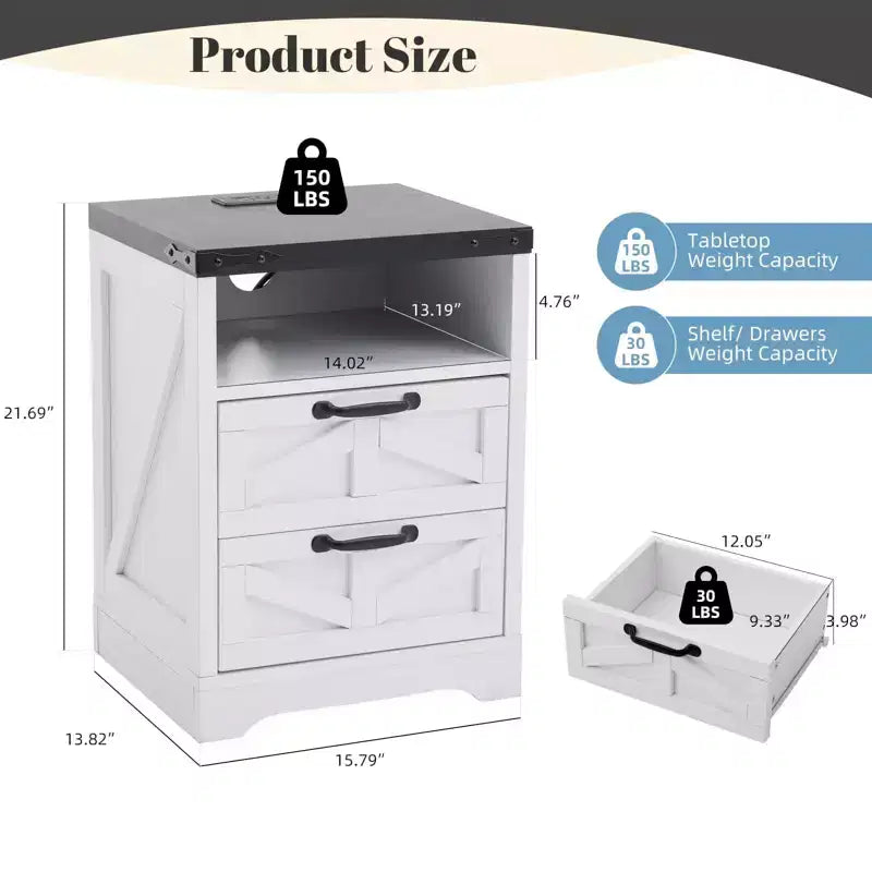 Lot de 2 tables de chevet de ferme avec station de recharge 2 tiroirs, USB, Type-C et prises CA, table d'appoint avec rangement pour chambre ou salon