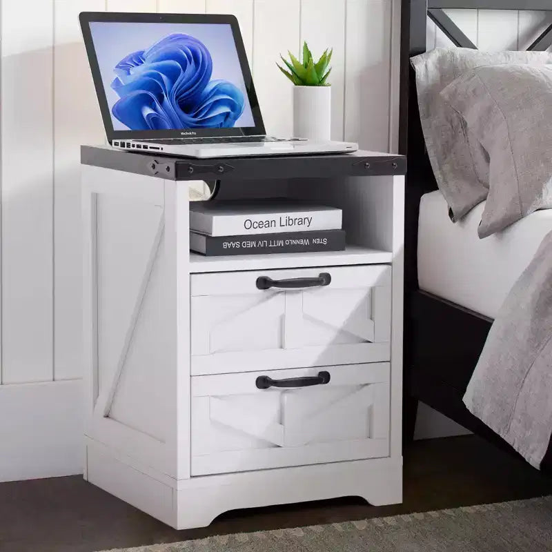Lot de 2 tables de chevet de ferme avec station de recharge 2 tiroirs, USB, Type-C et prises CA, table d'appoint avec rangement pour chambre ou salon