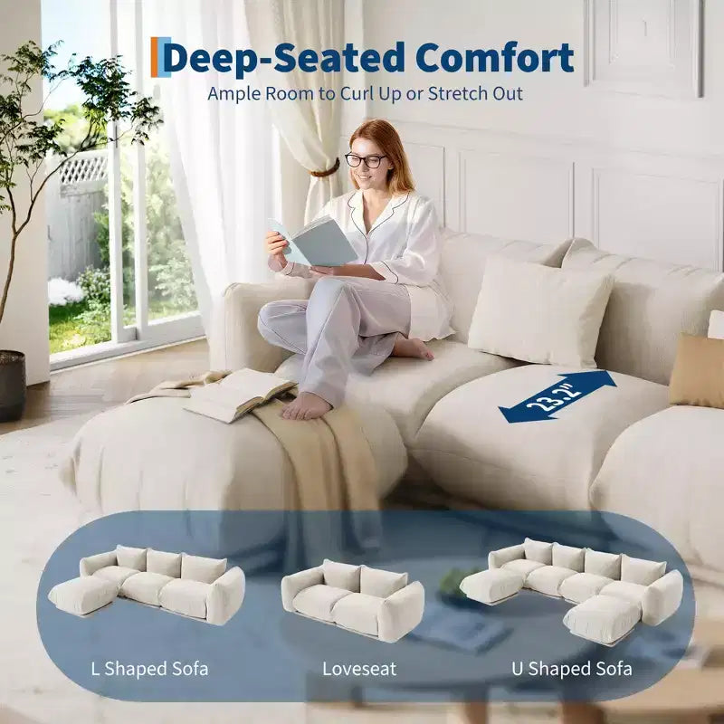 Ensemble de canapé modulaire chenille moderne 2 pièces, canapé sectionnel sans dossier à assise profonde, causeuse 2 places, en forme de U, pour salon ou petits espaces