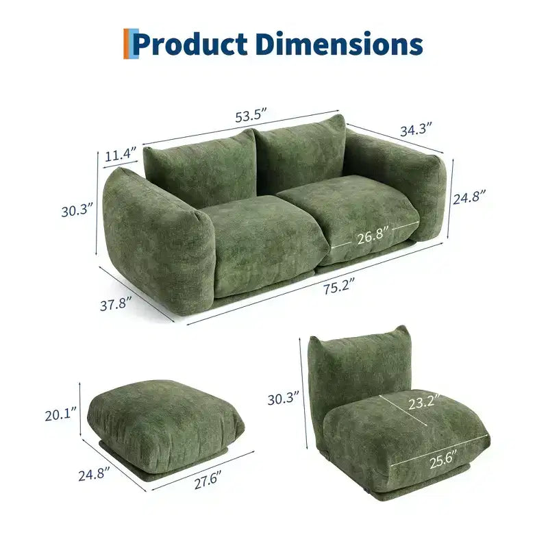 Ensemble de canapé modulaire chenille moderne 2 pièces, canapé sectionnel sans dossier à assise profonde, causeuse 2 places, en forme de U, pour salon ou petits espaces