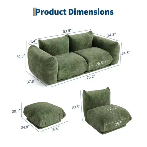 Ensemble de canapé modulaire chenille moderne 2 pièces, canapé sectionnel sans dossier à assise profonde, causeuse 2 places, en forme de U, pour salon ou petits espaces