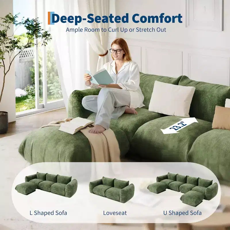 Ensemble de canapé modulaire chenille moderne 2 pièces, canapé sectionnel sans dossier à assise profonde, causeuse 2 places, en forme de U, pour salon ou petits espaces