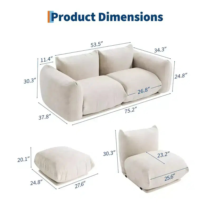 Ensemble de canapé modulaire chenille moderne 2 pièces, canapé sectionnel sans dossier à assise profonde, causeuse 2 places, en forme de U, pour salon ou petits espaces