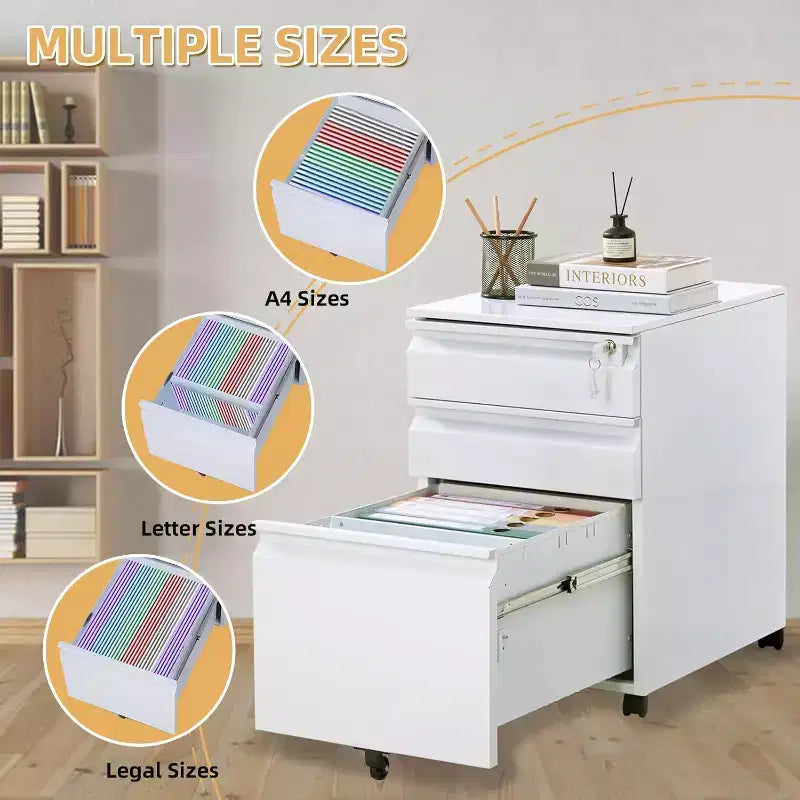 Classeur mobile à 3 tiroirs avec serrure et roulette anti-basculement, organiseur métallique sous le bureau pour lettres/format légal/A4, idéal pour le bureau à domicile