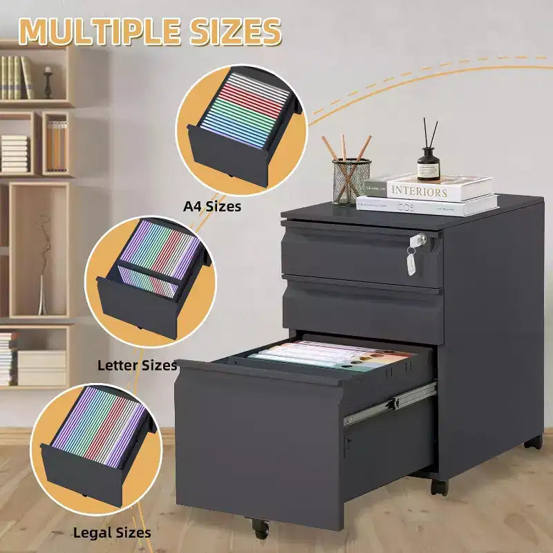 Classeur mobile à 3 tiroirs avec serrure et roulette anti-basculement, organiseur métallique sous le bureau pour lettres/format légal/A4, idéal pour le bureau à domicile