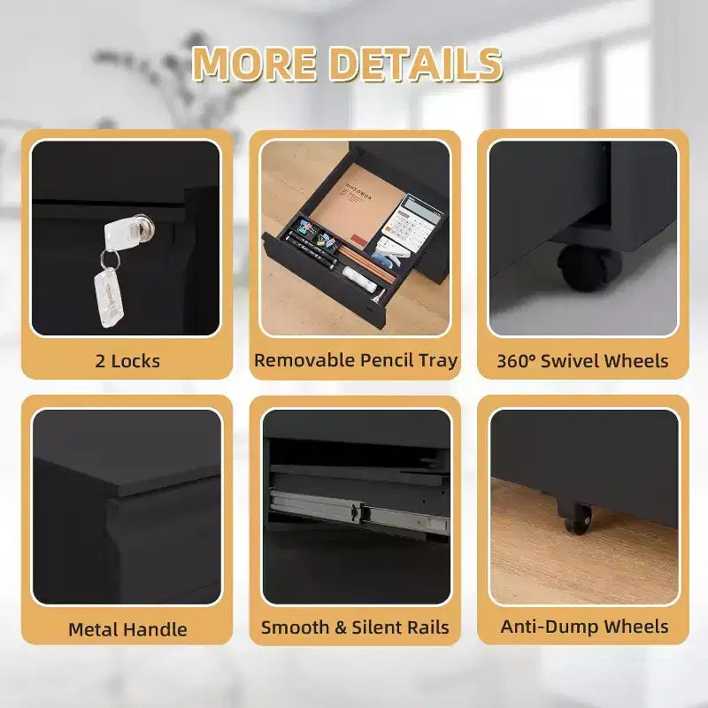 Classeur mobile à 3 tiroirs avec serrure et roulette anti-basculement, organiseur métallique sous le bureau pour lettres/format légal/A4, idéal pour le bureau à domicile