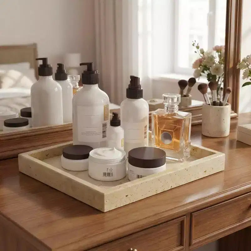 Plateau en travertin, plateau décoratif rectangulaire en pierre jaune naturelle pour coiffeuse de salle de bain, organiseur de parfum, présentoir à bijoux